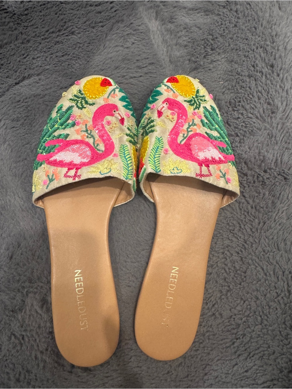 Needledust Pink Flamingo Embroidered Slip-On Mules